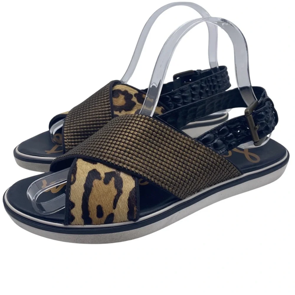 Sam Edelman Womens Shoes Jolan Sandals Sz 7 Black Brown Leather Leopard Flat